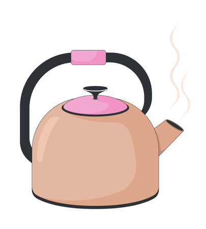 Stove kettle with steam 2D cartoon object. Home comfort, kitchen essential, tea preparation. Boiling water Kitchenware teapot isolated element flat vector clip art on white. Spot illustrationのイラスト素材