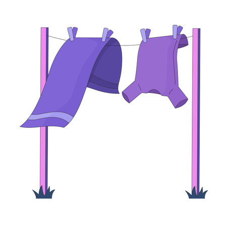 Freshly washed clothes hanging on clothesline 2D cartoon object. Fresh eco friendly laundry. Washing day. Towel and tshirt drying rack isolated element flat vector clip art on white. Spot illustrationのイラスト素材