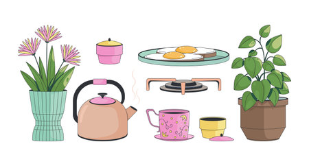 Cozy kitchen items in Lo-Fi aesthetic 2D cartoon objects set. Teapot, fried eggs plate, potted plants, gas stove, teacup isolated elements flat vector clip arts on white. Spot illustrations collectionのイラスト素材