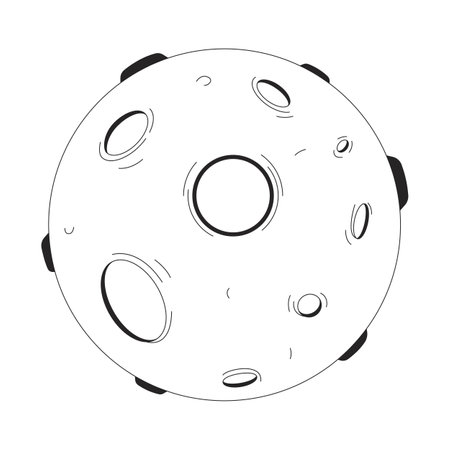 Fantasy moon with craters 2D line object. Surreal celestial body. Dreamy lunar surface. Sci-fi theme. Dreamlike cosmic planet isolated clipart vector ink outline item. Monochrome spot illustrationのイラスト素材