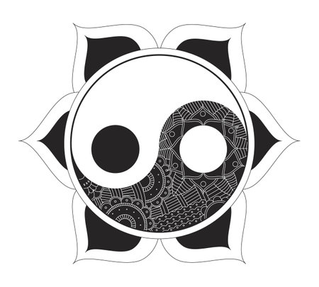 Yin yang mandala with sacred geometry line illustration concept. Taoism. Spiritual balance, harmony in Eastern philosophy yinyang outline 2D object isolated. Ink linear drawing vector artのイラスト素材