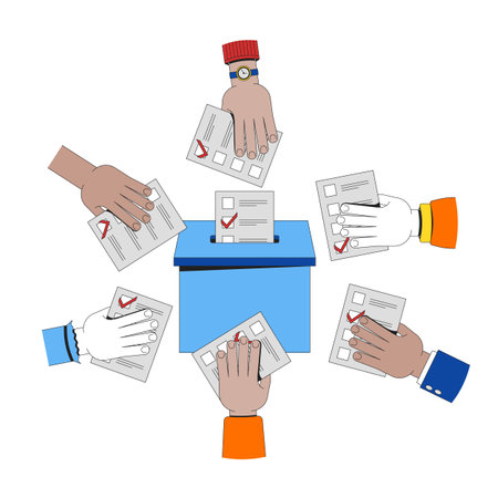 Collective voting for democracy 2D illustration concept. Democratic election. Diverse hands casting...