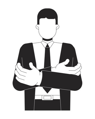 Faceless black hair businessman with arms crossed 2D line character. Executive figure. Authority business. Corporate leader man isolated vector ink outline person. Monochromatic spot illustrationのイラスト素材