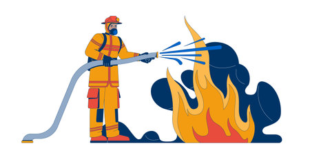 Firefighter extinguishing large fire 2D vector illustration. Fireman in protective gear spraying water from fire hose to flames flat character isolated on white background. Colorful cartoon imageのイラスト素材