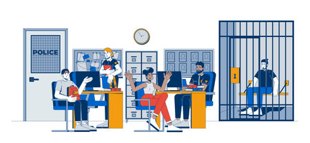 Police station with officers, witnesses and jail cell 2D vector illustration. Arrested suspect, crime victims, cops policemen flat characters isolated on white background. Colorful cartoon imageのイラスト素材
