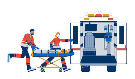 Paramedics loading patient into ambulance 2D vector illustration. Urgent care. Medical first responders with emergency stretcher flat characters isolated on white background. Colorful cartoon imageのイラスト素材
