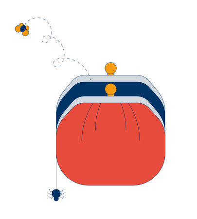 Empty coin purse with dangling spider and bug flying away 2D cartoon object. Poverty, financial hardship. Money trouble wallet isolated element flat vector clip art on white. Spot illustrationのイラスト素材