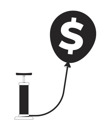 Inflation concept with dollar balloon and pump 2D line object. Rising prices. Financial pressure. Economic stress. Helium baloon isolated clipart vector ink outline item. Monochrome spot illustrationのイラスト素材