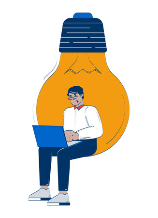 Professional arab man working on startup idea doodle illustration concept. Innovation job. Creative entrepreneur in giant lightbulb cartoon 2D character isolated on white. Hand drawn vector metaphorのイラスト素材
