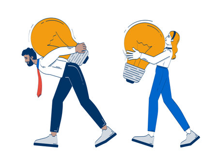 Creative team carrying giant light bulbs symbolizing big ideas doodle illustration concept. Colleagues solution business lightbulbs cartoon 2D characters isolated on white. Hand drawn vector metaphorのイラスト素材