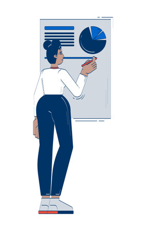 Black woman analyzing pie chart on presentation board 2D doodle character. Female analyst pen drawing data report cartoon person vector drawing isolated on white. Hand drawn illustration colorfulのイラスト素材