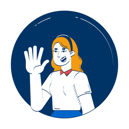 Cheerful corporate woman waving in greeting gesture 2D doodle character. Blonde female office worker friendly cartoon person avatar vector drawing isolated on white. Hand drawn illustration colorfulのイラスト素材