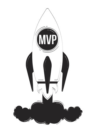 MVP startup rocket launch doodle linear object. Business takeoff. Viable product blasting off with smoke 2D vector outline clip art drawing isolated on white. Hand drawn sketch illustrationのイラスト素材