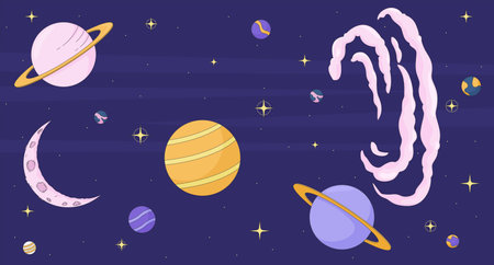 Surreal space with nebula and fantasy planets flat illustration background. Crescent moon, nebulae,...