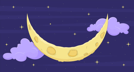 Crescent moon floating in starry night sky with clouds flat illustration background. Magical celestial. Dreamy lunar twinkling stars nighttime 2D cartoon backdrop. Colorful scene vector art imageのイラスト素材