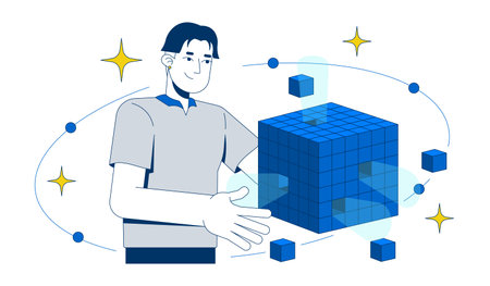 OLAP data cube analysis 2D illustration concept. Digital analytical processing. Business intelligence. Analyst with modular database cartoon character isolated on white. Flat abstract vector metaphorのイラスト素材