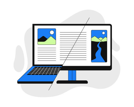 Cross-platform compatibility 2D onboarding ui illustration. Responsive design. Laptop transitioning into computer desktop interface cartoon concept isolated on white. Flat abstract vector metaphorのイラスト素材