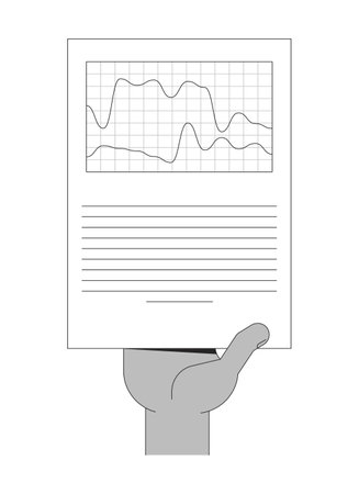 Hand holding dual-line graph report outline illustration. Comparative trends. Corporate paperwork. Business fluctuations analytics isolated 2D vector image black and white. Linear drawing clip artのイラスト素材