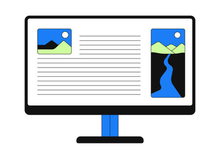 Desktop monitor with web article layout 2D cartoon object. Computer display webpage with text content and placeholder images isolated element flat vector clip art on white. Spot illustrationのイラスト素材
