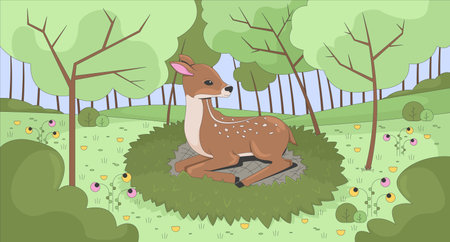 Fawn in spring forest grass flat illustration. Baby deer resting in woods clearing glade. Cute wildlife. Woodland animal habitat 2D character cartoon background. Colorful scene vector art imageのイラスト素材