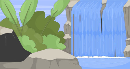 Tropical waterfall in jungle flat illustration background. Lush greenery landscape, rocks and falling water. Rainforest nature environment 2D cartoon backdrop. Colorful scene vector art imageのイラスト素材