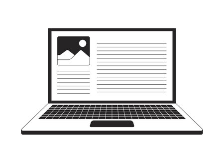 Open laptop with webpage content 2D line object. Digital publishing. Notebook displaying web page layout blog article isolated clipart vector ink outline item. Monochrome spot illustrationのイラスト素材