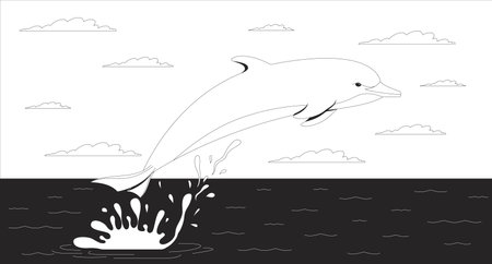 Dolphin jumping at sunset ocean line illustration. Aquatic mammal leaping out of water with splash. Sea animal. Marine wildlife 2D ink linear character monochrome. Flat outline vector imageのイラスト素材