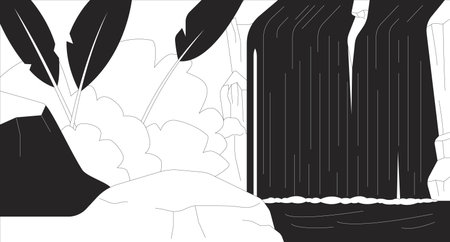 Tropical waterfall in jungle line illustration backdrop. Lush greenery landscape, rocks and falling water. Rainforest nature environment 2D ink outline monochrome background. Lineart vectorのイラスト素材