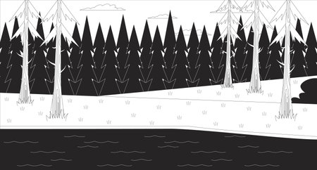 Peaceful forest lake with pine trees line illustration backdrop. Lakeside landscape woodland spruce. Outdoor nature coniferous. Woods river water 2D ink outline monochrome background. Lineart vectorのイラスト素材