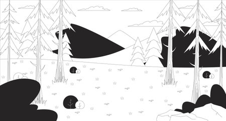 Mountain forest clearing with pine trees and hills line illustration backdrop. Woodland landscape. Natural habitat woods. Outdoor scenery 2D ink outline monochrome background. Lineart vectorのイラスト素材