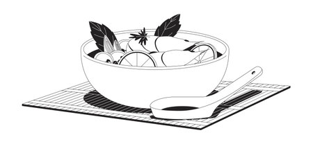 Tom yum soup outline illustration. Hot and sour tom yam goong. Thai cuisine. Seafood bowl with shrimp, herbs, lime. Authentic food 2D line item isolated on white. Monochrome vector ink linear imageのイラスト素材