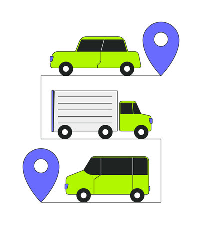 Vehicles tracking with location pins 2D onboarding ui illustration. Car, truck and van delivery. Logistics, travel, fleet management cartoon concept isolated on white. Flat abstract vector metaphorのイラスト素材