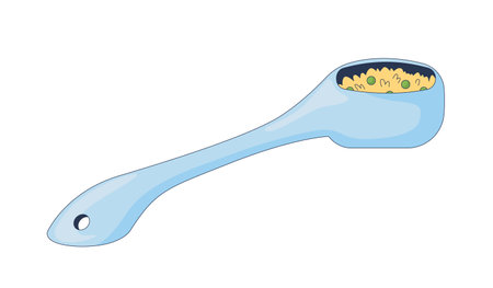 Spoon filled with cooked rice and peas 2D cartoon object. Ceramic ladle with meal portion. Dining tool. Kitchen scoop. Tablespoon isolated element flat vector clip art on white. Spot illustrationのイラスト素材