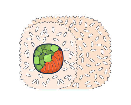 Sushi roll with avocado and salmon 2D cartoon object. Vegetable chunks and fish slices wrapped in rice. Japanese food. Asian cuisine isolated element flat vector clip art on white. Spot illustrationのイラスト素材