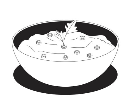 Yogurt garnished with herbal sprig, chopped scallions in bowl 2D line object. Healthy probiotic creamy dairy product with herbs isolated clipart vector ink outline item. Monochrome spot illustrationのイラスト素材