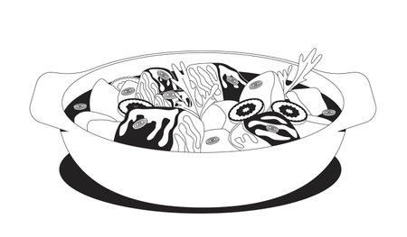 Hearty stew with vegetables and meat chunks 2D line object. Comfort food with potatoes, carrots and fresh herbs in ceramic bowl isolated clipart vector ink outline item. Monochrome spot illustrationのイラスト素材