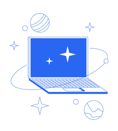 Laptop with orbiting planets sparkles line onboarding ui illustration. Cosmic internet. Cyber space notebook. Universe technology outline blue 2D concept isolated. Monochrome metaphor vector artのイラスト素材