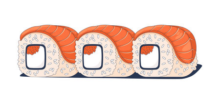 Three salmon sushi rolls filled with roe 2D cartoon object. Asian cuisine. Seafood rice meal with raw fish. Japanese maki rolls isolated element flat vector clip art on white. Spot illustrationのイラスト素材