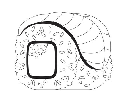 Sushi roll with salmon topping 2D line object. Salmon slice draped over rice wrap with fish roe. Japanese cuisine food dish isolated clipart vector ink outline item. Monochrome spot illustrationのイラスト素材
