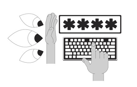 Password protection line illustration concept. Data security, privacy. Cybersecurity. Shielding typing keyboard from prying eyes outline 2D composition isolated. Ink linear metaphor vector artのイラスト素材