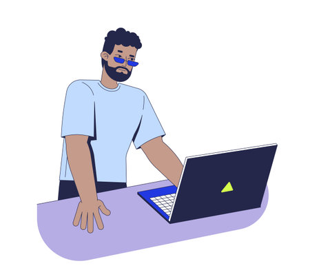 African american man standing and working on laptop 2D cartoon character. Bearded freelancer black guy in sunglasses leaning over desk flat vector person isolated on white. Spot illustration colorfulのイラスト素材