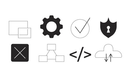 Technology and UI icons 2D line objects set. Cloud computing, code brackets, checkmark tick, shield, gear, cancel isolated cliparts vector ink outline items. Monochrome spot illustrations collectionのイラスト素材