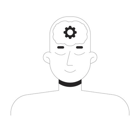 Human mind with brain gear symbol 2D line character. Thinking head, creativity, mental processing in artificial intelligence isolated vector ink outline person. Monochromatic spot illustrationのイラスト素材