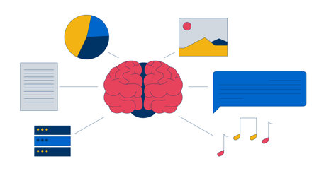 Brain with data input sources 2D illustration concept. AI cognitive neural activity with visual, musical, textual, analytical elements cartoon objects isolated on white. Flat abstract vector metaphorのイラスト素材