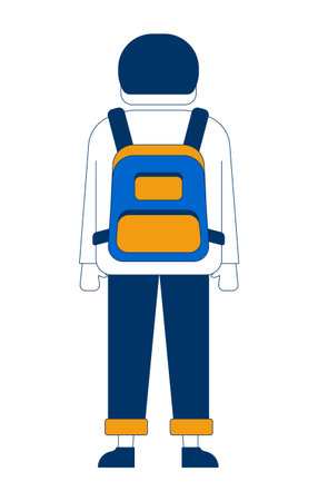 Back view boy standing with backpack 2D cartoon character. Student with school bag. Young man traveler in everyday look flat vector faceless person isolated on white. Spot illustration colorfulのイラスト素材