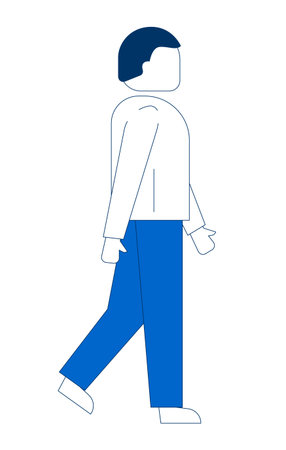 Faceless man walking side view 2D cartoon character. Caucasian male figure in casual wear. Modern everyday Asian guy flat vector person isolated on white. Spot illustration colorfulのイラスト素材