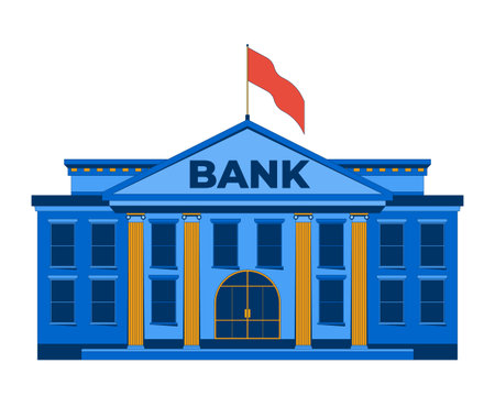 Classic bank building with red flag fluttering 2D cartoon object. Financial institution with columns. Banking government facility isolated element flat vector clip art on white. Spot illustrationのイラスト素材