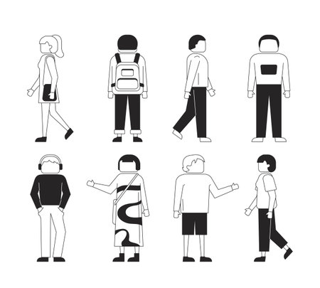 Diverse modern faceless people in various poses and outfits 2D line characters set. Everyday life. Casual fashion men women isolated vector ink people outline. Monochrome spot illustrations collectionのイラスト素材
