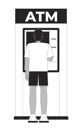 Back view black man using ATM device 2D line character. African american guy cash withdrawal from automated teller machine isolated vector ink outline person. Monochromatic spot illustrationのイラスト素材
