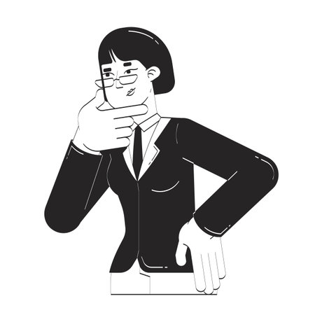 Glasses asian woman in formal attire with thoughtful pose doodle linear character. HR thinking. Chinese female manager 2D vector outline person isolated. Hand drawn drawing illustration monochromeのイラスト素材